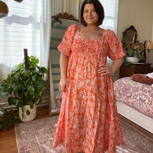 Anthropologie Pink & Orange Floral Smocked Midi Dress Size L petite